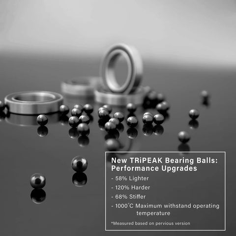 Sealed Bicycle Headset Bearings Angular Contact with TRiPEAK bearing balls against reflective surface for performance upgrades.