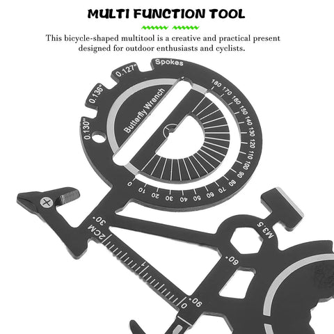 Stainless Steel Bicycle Shape Multitool Keychain With Ultra Compact Portable Bike Tool showing various wrench sizes.