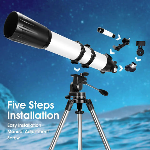 High Powered 90mm Aperture 800mm Refractor Telescope For Astronomy Beginners And Adults With assembly steps on stainless tripod.