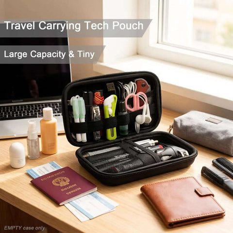 Solid Hard Travel Organizer For Your Slick Tech Stash Waterproof Carry Pouch Grabs Power Banks And Cables Tight Fit Everyday Gear Sling For Commutes And Road Trips In Classic Black open with tech accessories inside.