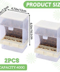 Two Piece No Mess Automatic Bird Feeder For Pet Cages with dimensions, transparent design, holds 400g of seeds.