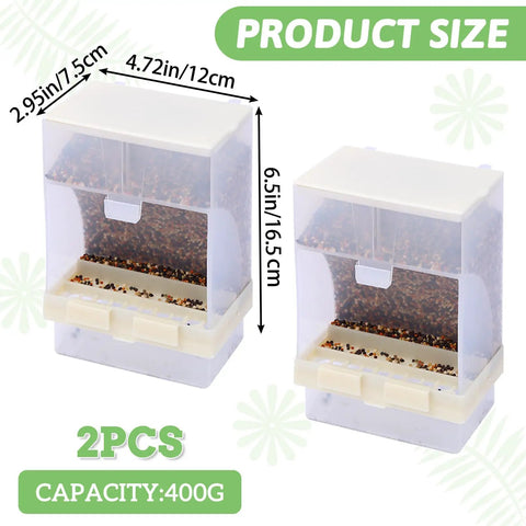 Two Piece No Mess Automatic Bird Feeder For Pet Cages with dimensions, transparent design, holds 400g of seeds.