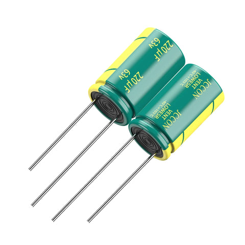 10 Pack 63V 220uF Low ESR Electrolytic Capacitors 10X17MM with black wires for audio amplifiers and power supplies.