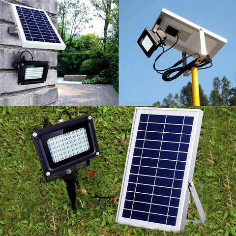 JUDYSSY Outdoor Solar Flood Lights with solar panels; waterproof LED flood light for garden and lawn use.