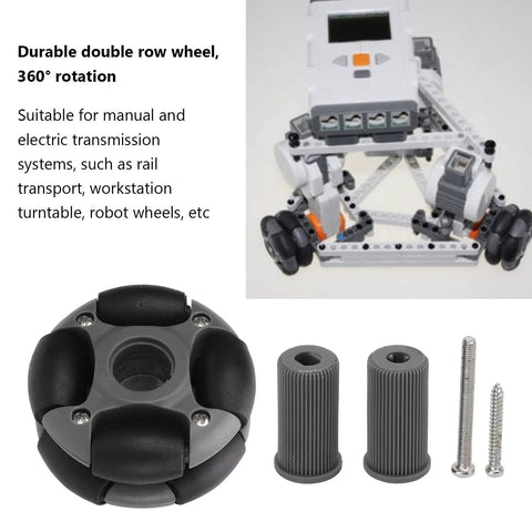360 Degree Omnidirectional Wheel With Double Row Bearings For Robotics, showing wheel, shafts, and screws setup for robotics projects.