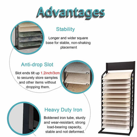Heavy Duty Floor Tile Display Rack And Sample Organizer Shelf with stability features and anti-drop slots for secure storage.
