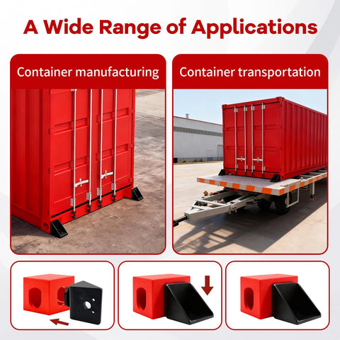 Wide range of applications showing red shipping containers with Heavy Duty Alloy Steel Shipping Container Anchors And Twist Locks For 20ft And 40ft Containers Full Bevel Side Anchors For Secure Tie Downs High Tensile Grade 70 Alloy Steel Engineered For Superior Durability And Deformation Resistance Under Heavy Load displayed as fittings.