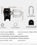 Heavy Duty Sliding Gate Kit With Four Rock Solid Nylon Rollers, Smooth U Shaped Track, And Rust Proof Brackets, dimensions and components displayed.
