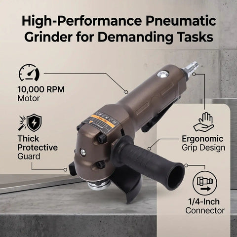 Pro Level Pneumatic Air Angle Grinder Boasts A Lightning Fast 10000 RPM Motor Paired With A Beefy 110mm Cutting Disc And Tough Composite Housing For Heavy Duty Metal Fabrication with ergonomic grip design and thick protective guard.