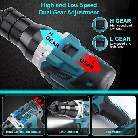Badass Cordless Rivet Gun And Electric Rivet Nut Puller With M3 Through M12 Head Kit showing dual gear adjustment for high and low speed.