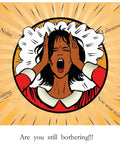 Illustration of a frustrated woman with text around her about noise and wear resistance, expressing stress and annoyance.