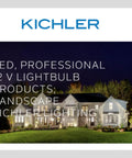 Night view of a house with landscape lighting, promotional text for LED professional 12V lightbulb products by Kichler.