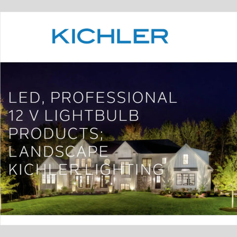 Night view of a house with landscape lighting, promotional text for LED professional 12V lightbulb products by Kichler.