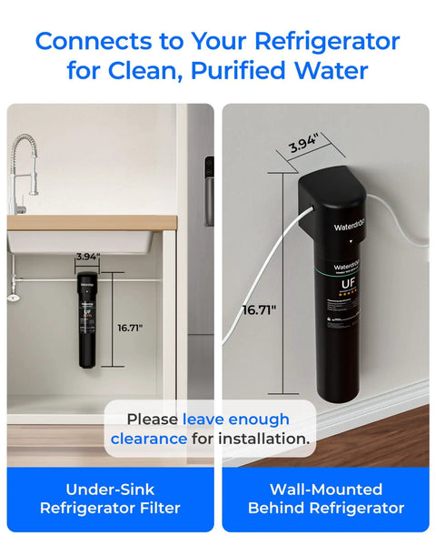 0.01 Micron Ultrafiltration Inline Water Filter For Refrigerator next to sink and wall for easy hydration setup.