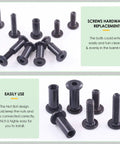 Top Notch Hella Tough Heavy Duty Slick Black M6 Barrel Nuts Kit Featuring Binding Screws Posts For Baby Cribs Scrapbook Albums Leather Repair Jobs Ahead, showing various black barrel nuts and screws.