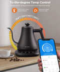 Smart Electric Kettle With WiFi And Alexa Control For Home Baristas Gooseneck Pour Over Kettle With Variable Temperature 1200W Quick Heat 0.8L Capacity One Hundred Percent Stainless Steel Matte Black on kitchen counter with phone app open.