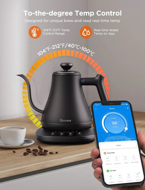 Smart Electric Kettle With WiFi And Alexa Control For Home Baristas Gooseneck Pour Over Kettle With Variable Temperature 1200W Quick Heat 0.8L Capacity One Hundred Percent Stainless Steel Matte Black on kitchen counter with phone app open.