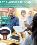 People using Speedy 1D USB Barcode Scanner With Stand in a library setting, focusing on flexibility and accurate scanning.