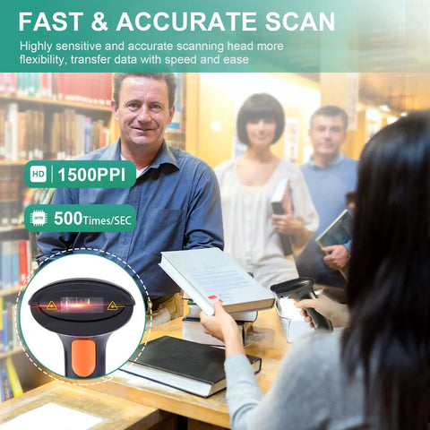 People using Speedy 1D USB Barcode Scanner With Stand in a library setting, focusing on flexibility and accurate scanning.