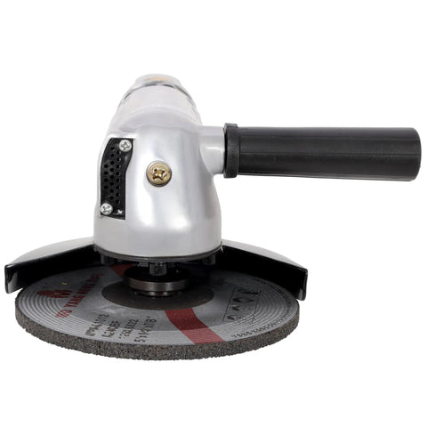 5 Inch Pneumatic Angle Grinder Built Different With Quick Air Hookup And 11000 RPM Power To Handle Your Daily Grind Crushing Steel And Iron Jobs In Any Workshop Or Garage Space - close-up view.