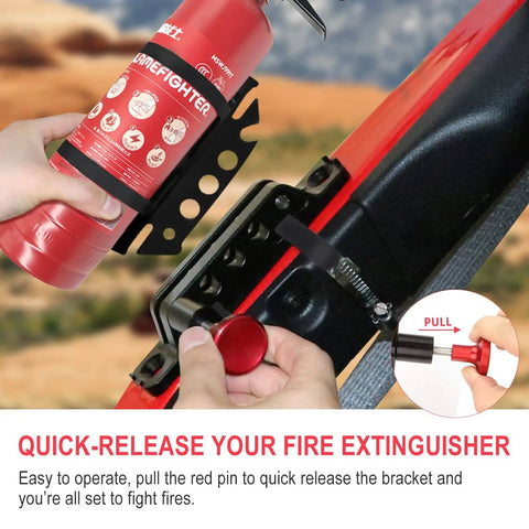 Adjustable Aluminum Quick Release Fire Extinguisher Mount for Roll Bars shown with extinguisher locked in place, hands demonstrating quick release.