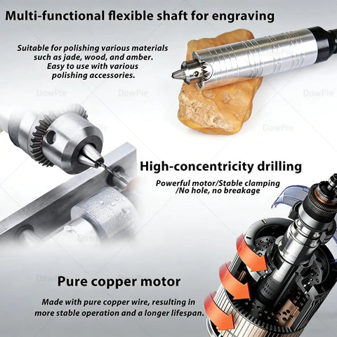 Heavy Duty Flex Shaft Bench Grinder For Jewelry Drilling Jade Carving Wood Crafting And Metal Finishing, showcasing copper motor and flexible shaft.