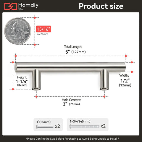 Diagram showing measurements of 30 Pack 3 Inch Center To Center Brushed Nickel Cabinet Pulls with screws
