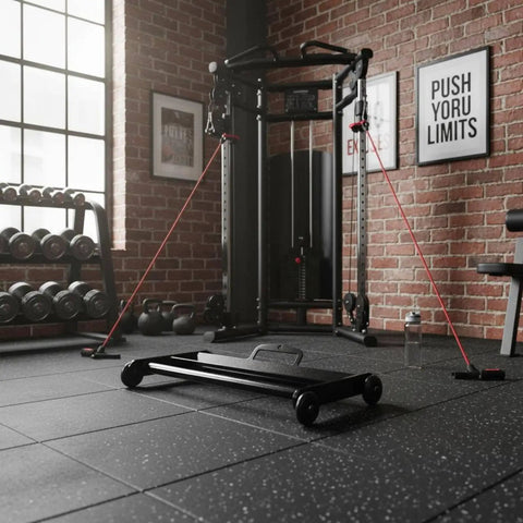 Premium Steel Frame Abdominal Wheel Core Roller With Straight Gliding Track on a gym floor with workout equipment in background.