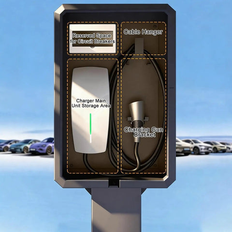 EV Charger Protector Box Pedestal Stand Delivers Badass Weather Proof Security Via Thick Galvanized Steel Heavy Duty Build As Waterproof Enclosure With Combo Lock Fits Most Charging Units Shields From Rain Impact Thieves Damage. Interior view showing charger storage, cable hanger, and charging gun bracket.