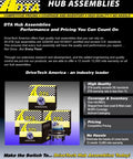 Promotional flyer for DTA Hub Assemblies highlighting warranties and quality assurance with images of hub assembly boxes