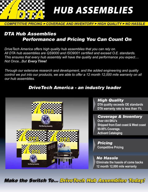 Promotional flyer for DTA Hub Assemblies highlighting warranties and quality assurance with images of hub assembly boxes