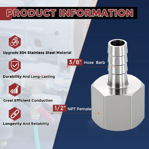 Pack of 2 Stainless Steel Hose Barb Fittings 3/8 Inch to 1/2 Inch NPT Female, Built to Last, Heavy Duty, image showing product features