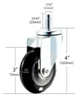 Badass No Sweat Hair Free Caster Wheels For Salon Cart Beauty Table Trays Set Of Four smooth polypropylene roller dimensions close-up.
