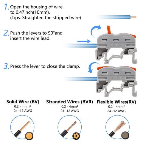 50 Pack Compact Din Rail Terminal Blocks Featuring Quick Snap Lever Wire Connectors For 28 To 12 Awg Electrical Wiring, installation guide.