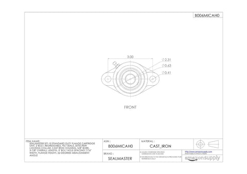 Rock Solid Cast Iron Flange Mount Ball Bearing Unit With Two Bolt Flange And Simple Set Screw Locking Mechanism For Standard Duty Machinery Built Tough For Daily Grind, front view with dimensions.