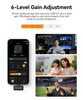 Lark A1 Wireless Microphone gain adjustment screen on smartphone with people demonstrating crisp recording, vlogging, and event coverage.