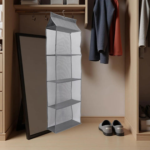 Rock Solid Four Layer Closet Hanging Shelf With Sturdy Hook Nonwoven Mesh Bag Organizer Space Saver displaying four breathable compartments.