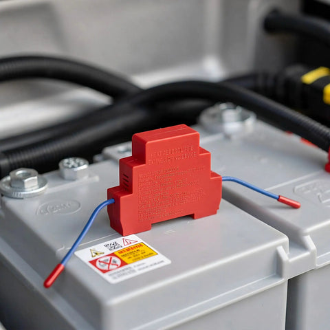Hella Reliable Automatic Fire Extinguishing Device With Dual Nozzles For Electrical Panels and Control Cabinets Using Heat Triggered Thermal Release Suppression System, installed on a battery.
