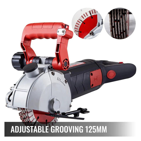 Heavy Duty Electric Wall Chaser Concrete Slotter With Adjustable Depth And Width 125 Mm Blade, close-up showing adjustable features and blade.