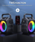 Totally Party-Ready Portable Bluetooth Karaoke System With Two Wireless Mics displaying LED lights and TWS function
