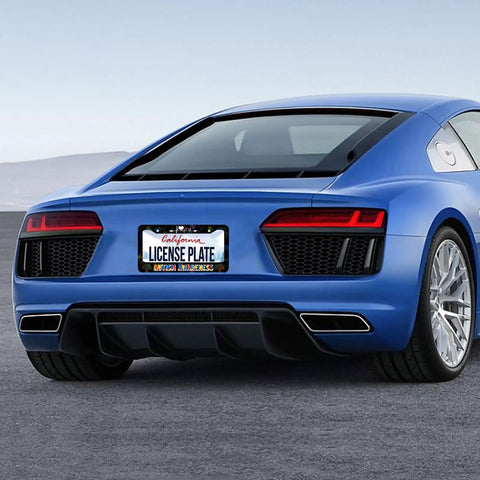 Back view of blue sports car with Colorful License Plate Frame With Puzzle Heartbeat Line Design In Premium Stainless Steel