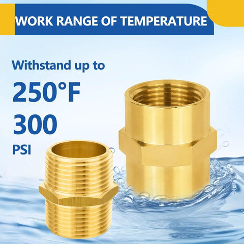 Brass Pipe Fittings Set 3/4 Inch Male To 3/4 Inch Female NPT Hex Nipples 10 Pack show temperature range up to 250F