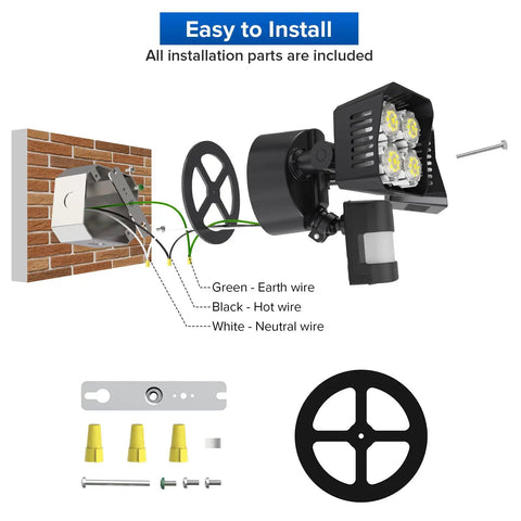 Installation guide for Outdoor Motion Sensor LED Flood Lights 2 Head Security Floodlight 3400 Lumen 30W, wiring details shown