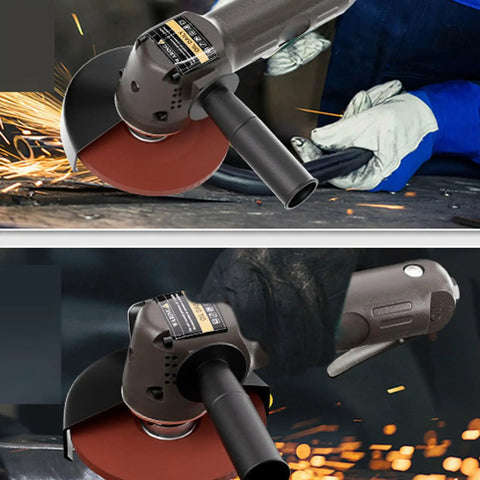 Pneumatic Air Angle Grinder Delivers Beast Mode 10000 RPM Power For Serious Metal Grinding And Polishing Ops On Ship Hulls Or Wood Projects Includes 110mm Disc With Quick 1/4 Inch Hookup, close-up view with sparks.