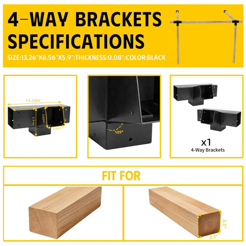 4Pack 4 Way Slanted Roof Corner Brackets For 4x4 Lumber, 15 Degree Right Angle Brackets For Pergolas Gazebos Porches, Heavy Duty Galvanized Steel With Matte Black Powder Coat, Tough As Nails And Easy Install