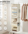 3 Tier Hanging Closet Organizer With Adjustable Detachable Shelves And Clear Window Panels For No Sweat Storage Socks Hats Gear Clean And Crisp Quick Grab Setup with folded items and hanging jackets.