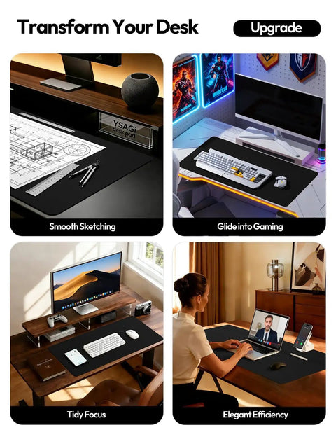 Boss Level PU Leather Desk Protector With Non Slip Grip And Waterproof Surface Sweet Wrist Rest For Smooth Mouse Slide And Kickass Desk Coverage At Home Or Office in various desk setups.
