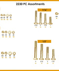 Workhorse Grade 8 Coarse Thread Hardware Assortment Kit Featuring 2230 showing 1/4" to 1/2" hex screws and nuts organized neatly.