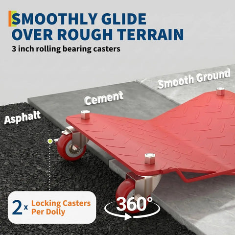 Super Rugged Four Pack Heavy Duty Wheel Dollies Featuring Deep V Groove Steel Platforms And Massive 7000 Lbs Load Rating For Moving Heavy Iron Smoothly Anywhere with 3-inch casters on rough terrain.