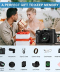 Couple exchanging gifts with 6K 64MP Digital Camera With Flip Screen And Dual Lens For Photography And Vlogging beside them.